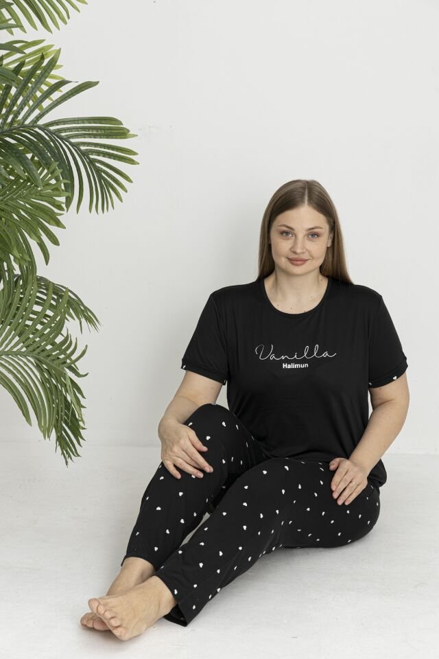 Estiva Kadın Kalp Alt Desenli Kısa Kollu Soft Battal Pijama Takımı Siyah - 5XL