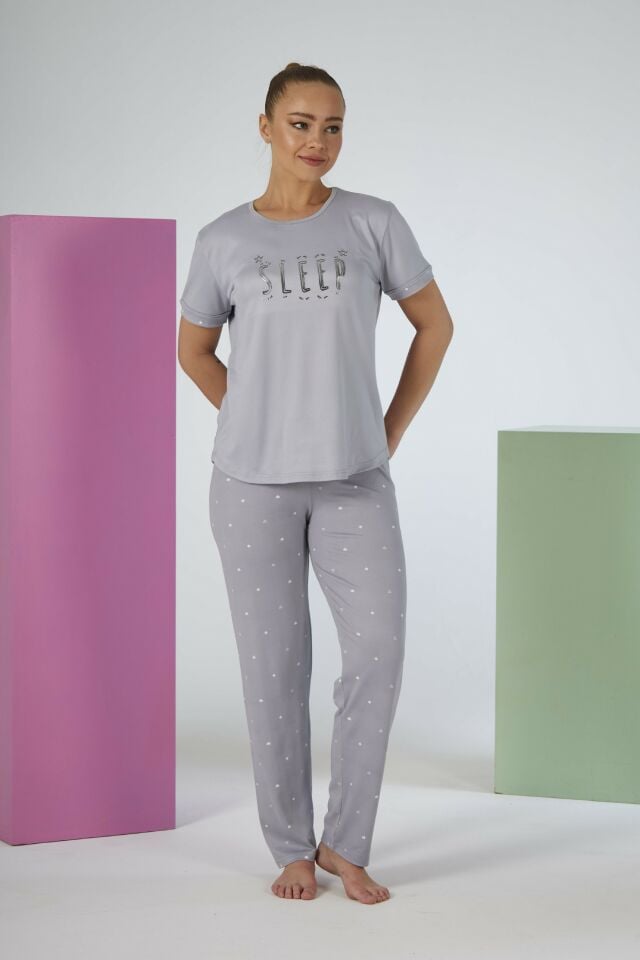 Estiva Kadın Puantiye Alt Desenli Kısa Kollu Soft Pijama Takımı