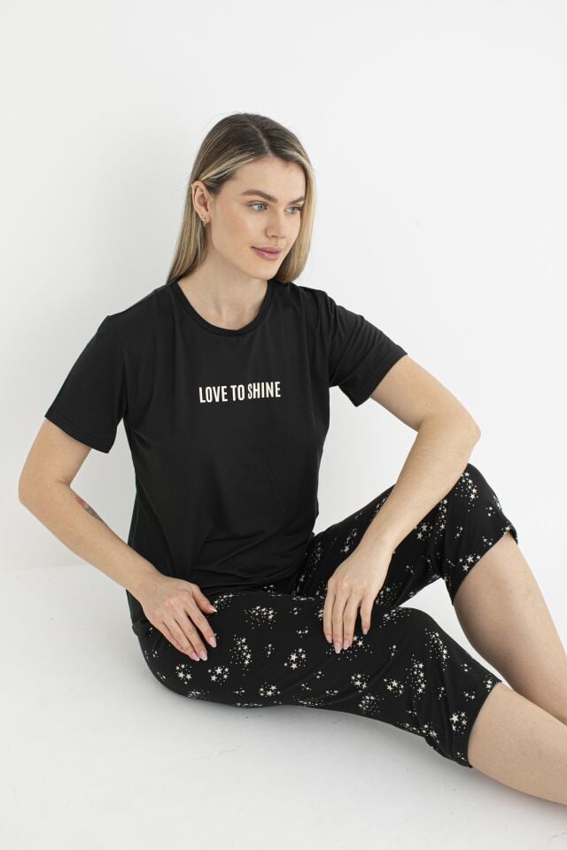 Kadın Yazlık Yıldız Desenli Kısa Kollu Kaprili Soft Pijama Takımı - Siyah