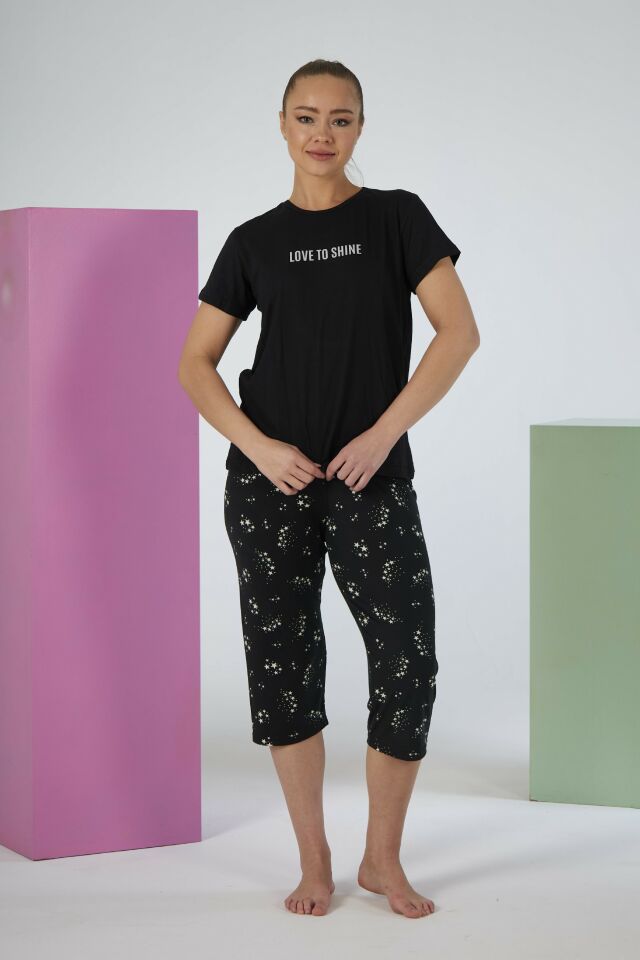 Kadın Yazlık Yıldız Desenli Kısa Kollu Kaprili Soft Pijama Takımı - Siyah