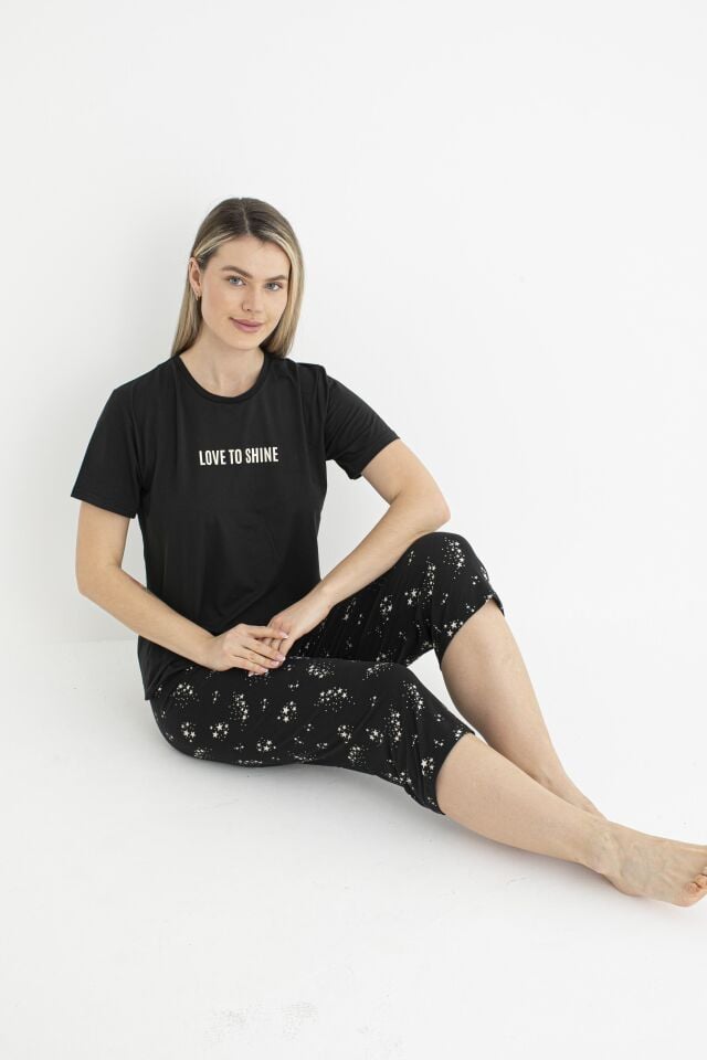 Kadın Yazlık Yıldız Desenli Kısa Kollu Kaprili Soft Pijama Takımı - Siyah