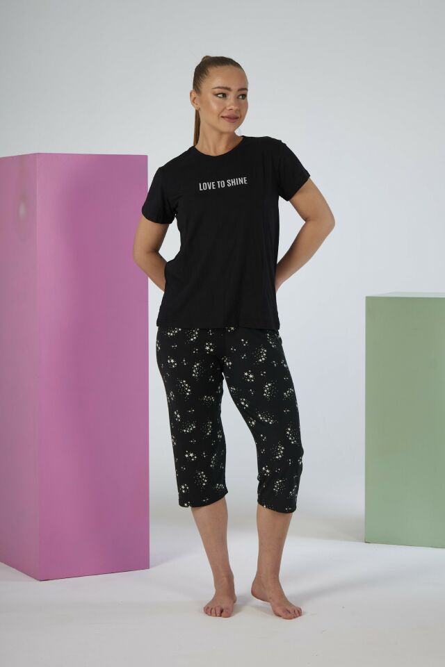 Kadın Yazlık Yıldız Desenli Kısa Kollu Kaprili Soft Pijama Takımı - Siyah