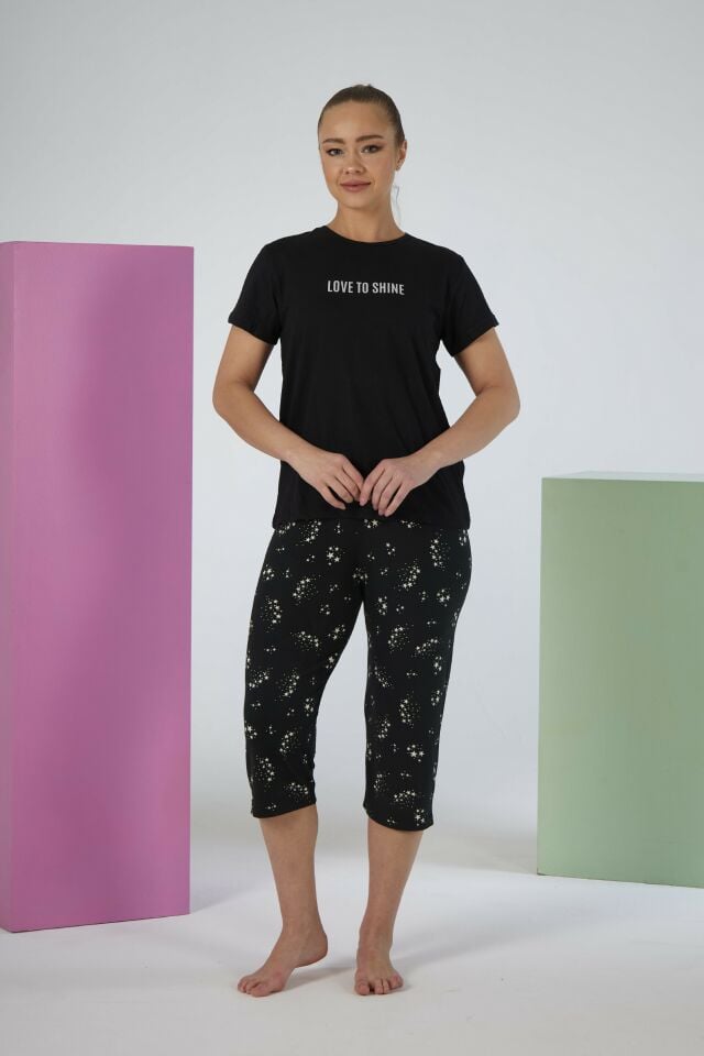Kadın Yazlık Yıldız Desenli Kısa Kollu Kaprili Soft Pijama Takımı - Siyah