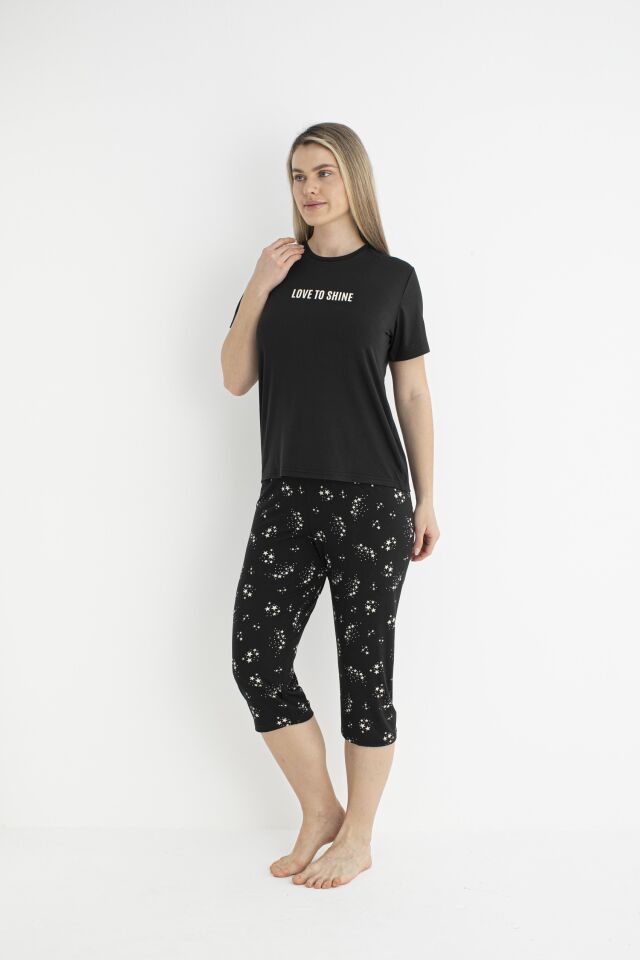 Kadın Yazlık Yıldız Desenli Kısa Kollu Kaprili Soft Pijama Takımı - Siyah