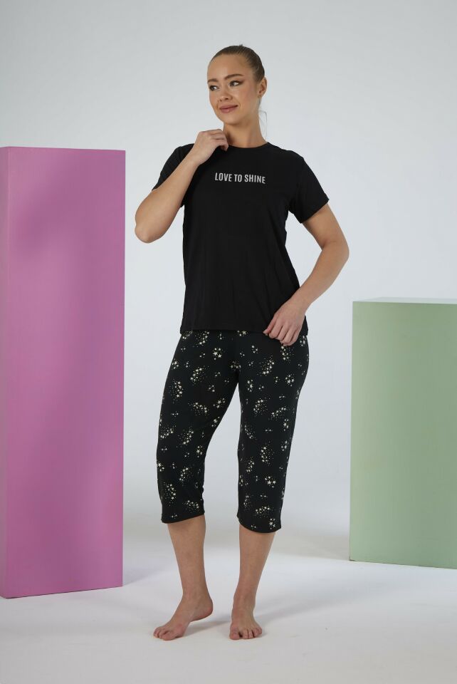 Kadın Yazlık Yıldız Desenli Kısa Kollu Kaprili Soft Pijama Takımı - Siyah