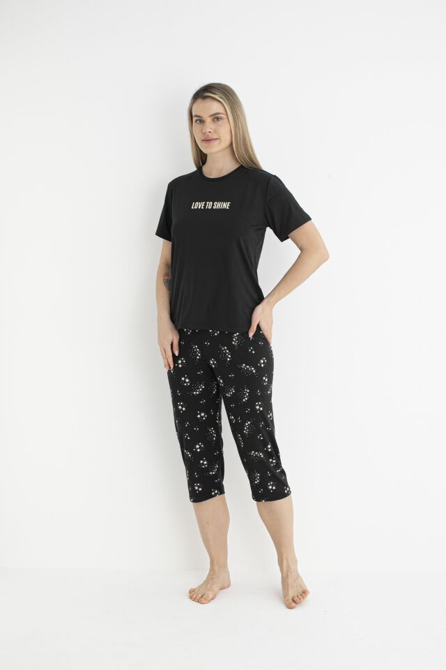 Kadın Yazlık Yıldız Desenli Kısa Kollu Kaprili Soft Pijama Takımı - Siyah