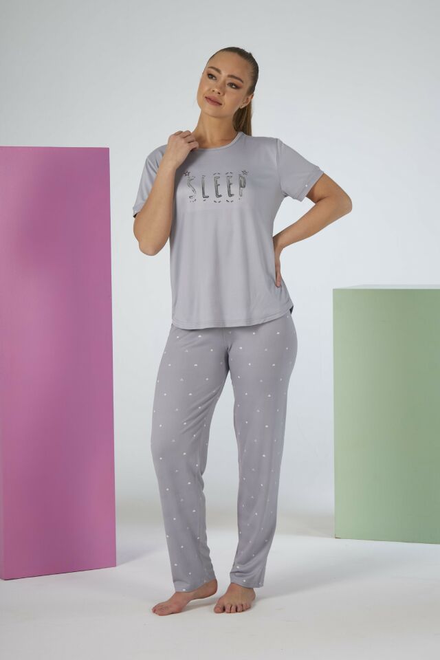 Estiva Kadın Puantiye Alt Desenli Kısa Kollu Soft Pijama Takımı M - Gri