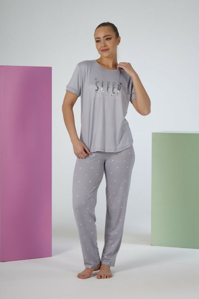 Estiva Kadın Puantiye Alt Desenli Kısa Kollu Soft Pijama Takımı XL - Gri
