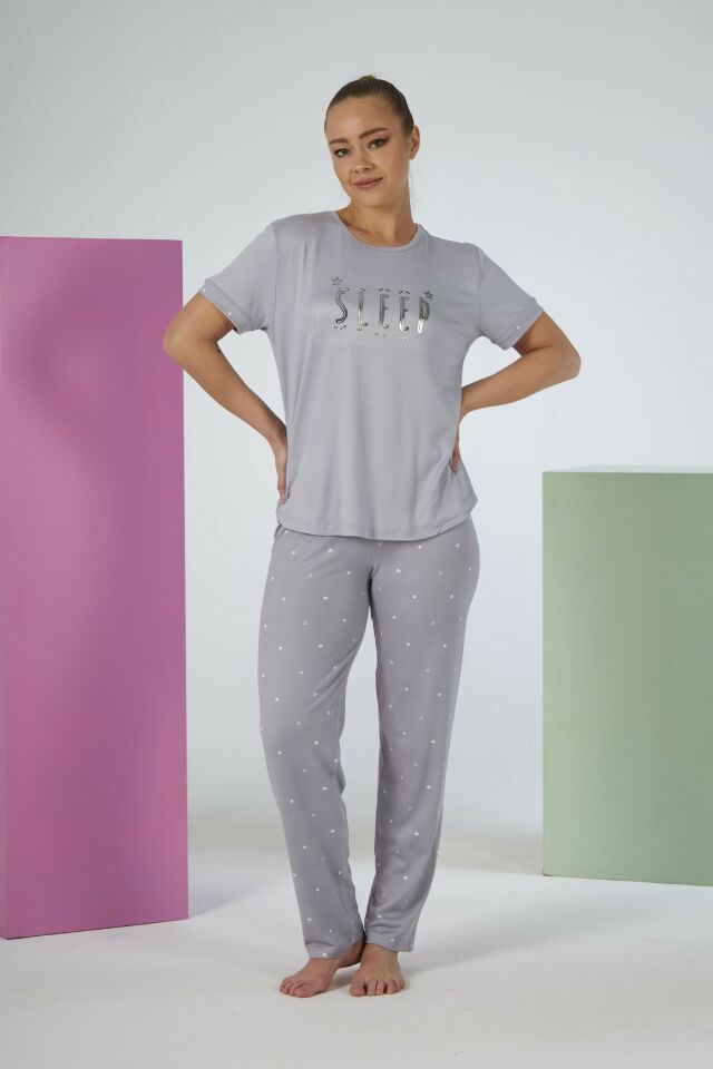 Estiva Kadın Puantiye Alt Desenli Kısa Kollu Soft Pijama Takımı 2XL - Gri