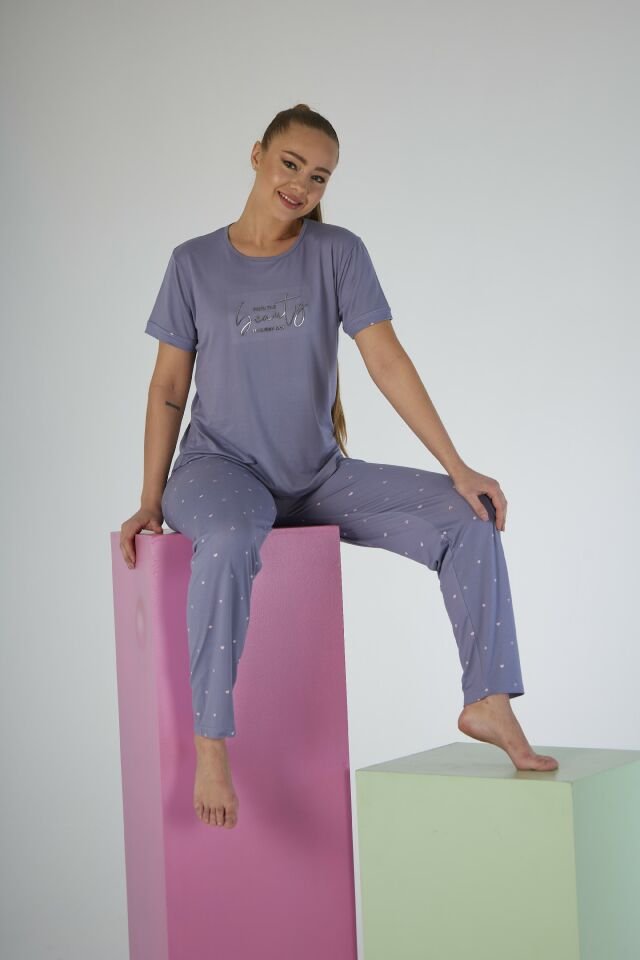 Estiva Kadın Puantiye Alt Desenli Kısa Kollu Soft Pijama Takımı M - Lila