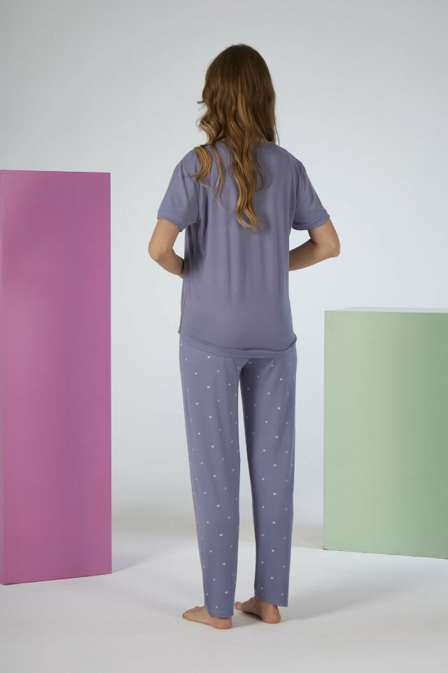 Estiva Kadın Puantiye Alt Desenli Kısa Kollu Soft Pijama Takımı M - Lila
