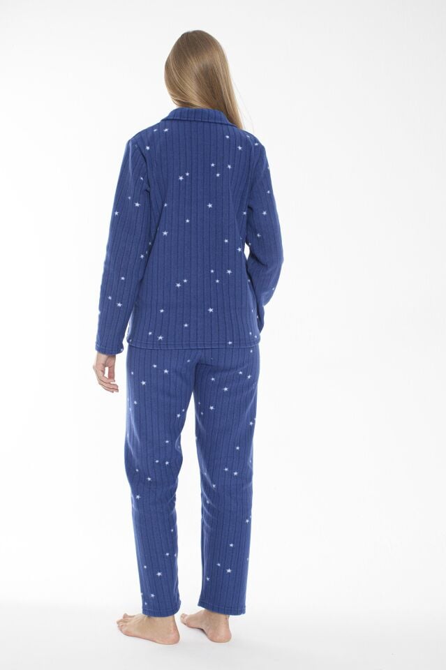 Kadın Kışlık Yıldız Desenli Önden Düğmeli Fitilli Polar Pijama Takımı Koyu Mavi alternatif görsel