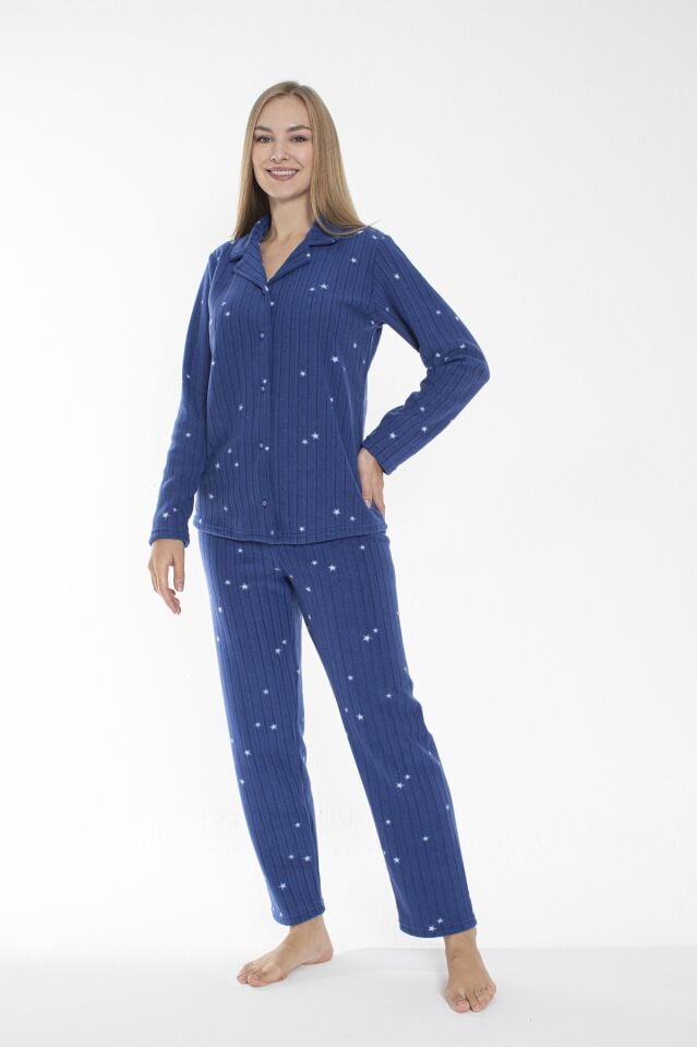 Kadın Kışlık Yıldız Desenli Önden Düğmeli Fitilli Polar Pijama Takımı Koyu Mavi