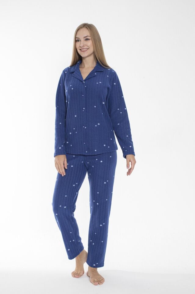Kadın Kışlık Yıldız Desenli Önden Düğmeli Fitilli Polar Pijama Takımı Koyu Mavi