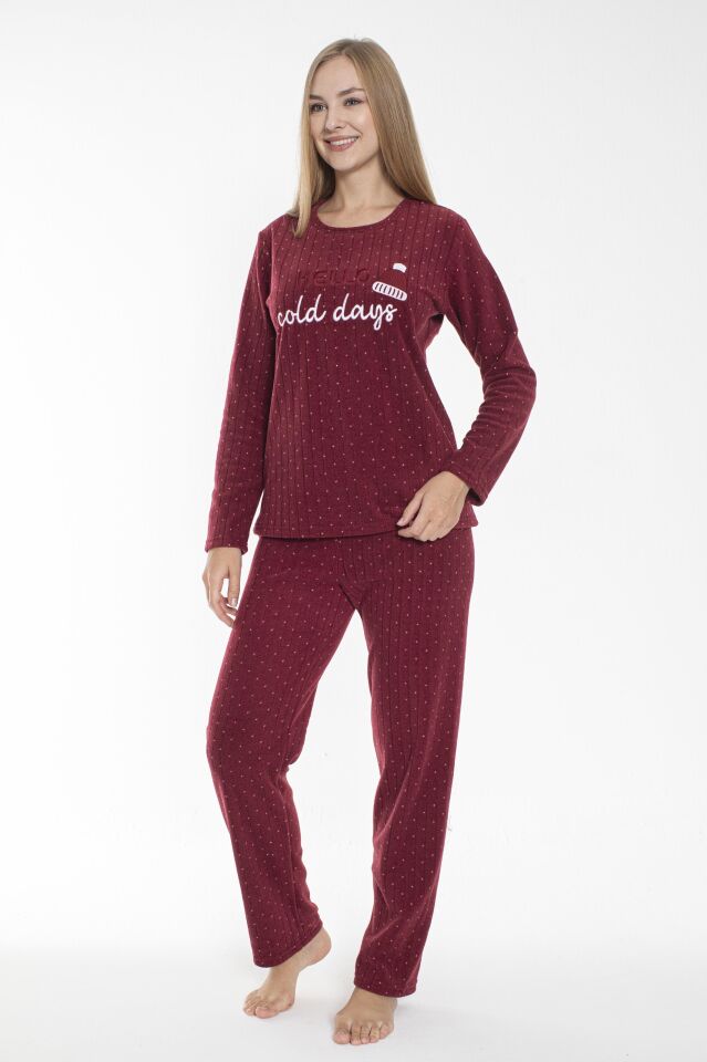 Kadın Kışlık Puantiyeli Fitilli Polar Pijama Takımı Bordo