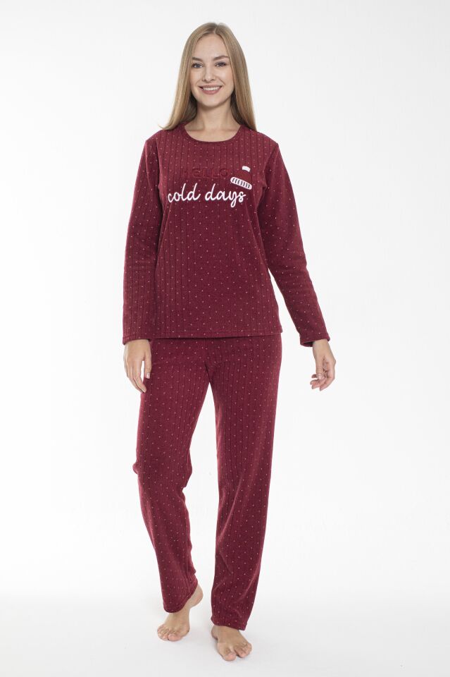 Kadın Kışlık Puantiyeli Fitilli Polar Pijama Takımı Bordo