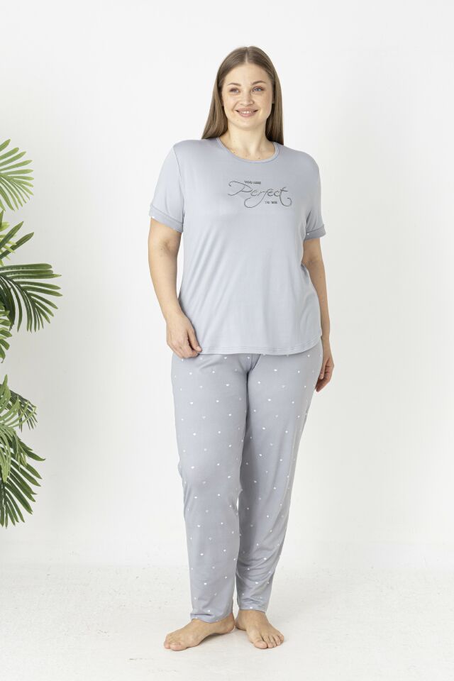 Estiva Kadın Puantiye Alt Desenli Kısa Kollu Soft Battal Pijama Takımı 4XL - Gri