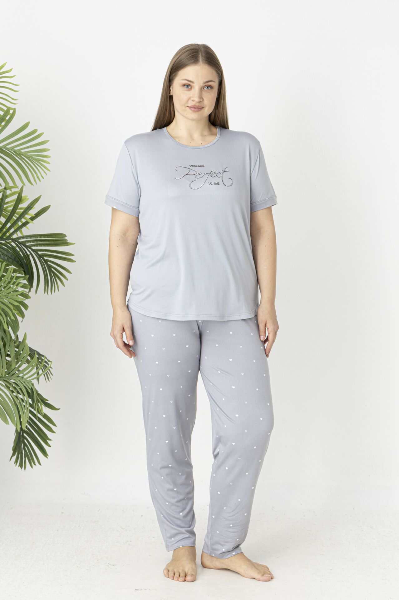Estiva Kadın Puantiye Alt Desenli Kısa Kollu Soft Battal Pijama Takımı 5XL - Gri
