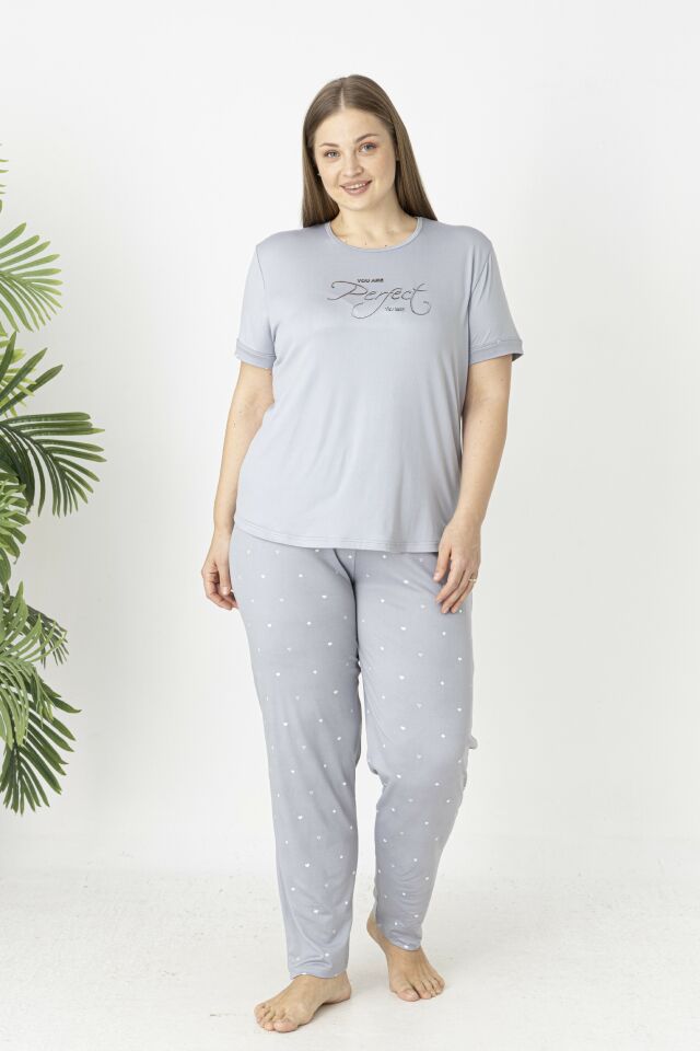 Estiva Kadın Puantiye Alt Desenli Kısa Kollu Soft Battal Pijama Takımı 5XL - Gri