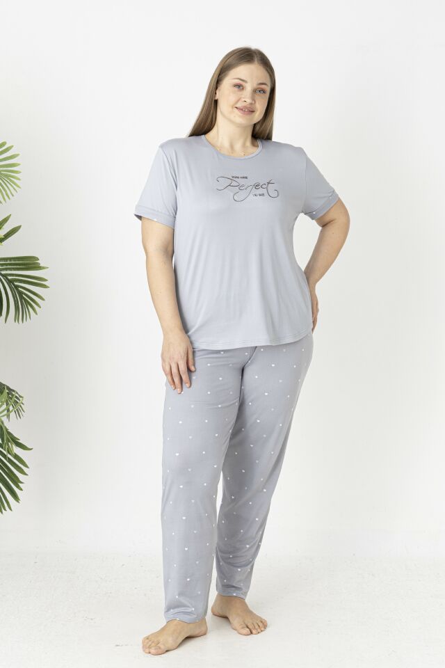 Estiva Kadın Puantiye Alt Desenli Kısa Kollu Soft Battal Pijama Takımı 5XL - Gri