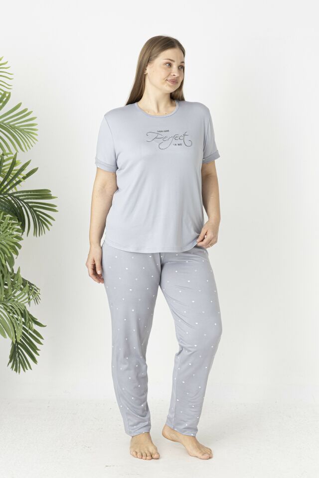 Estiva Kadın Puantiye Alt Desenli Kısa Kollu Soft Battal Pijama Takımı 5XL - Gri