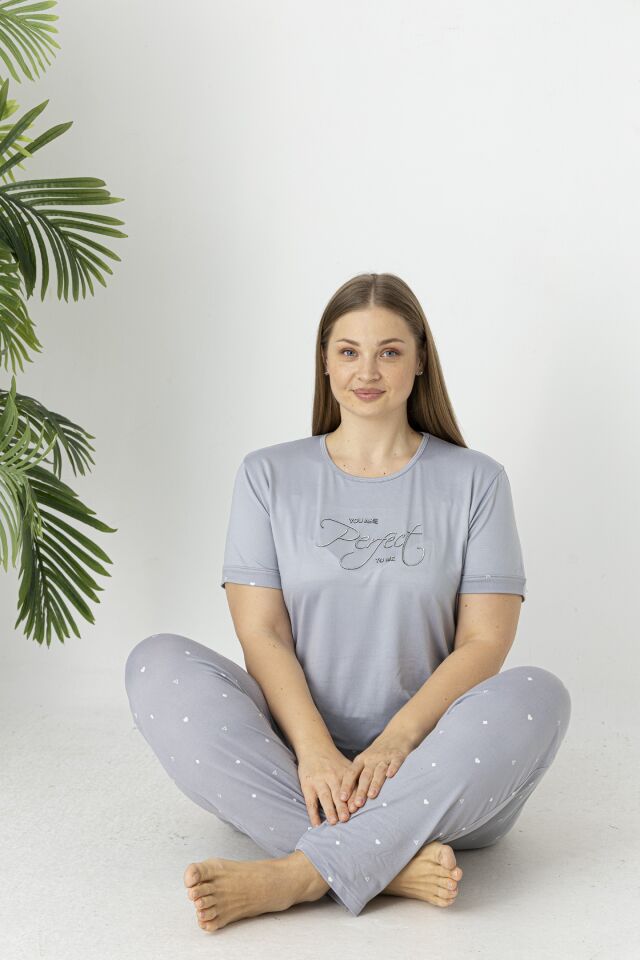 Estiva Kadın Puantiye Alt Desenli Kısa Kollu Soft Battal Pijama Takımı 5XL - Gri