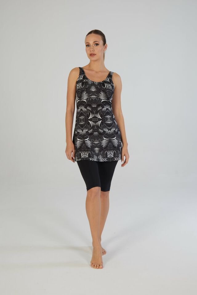 Estiva Kadın Askılı Taytlı Geometrik Desenli Renkli Elbise Mayo Siyah