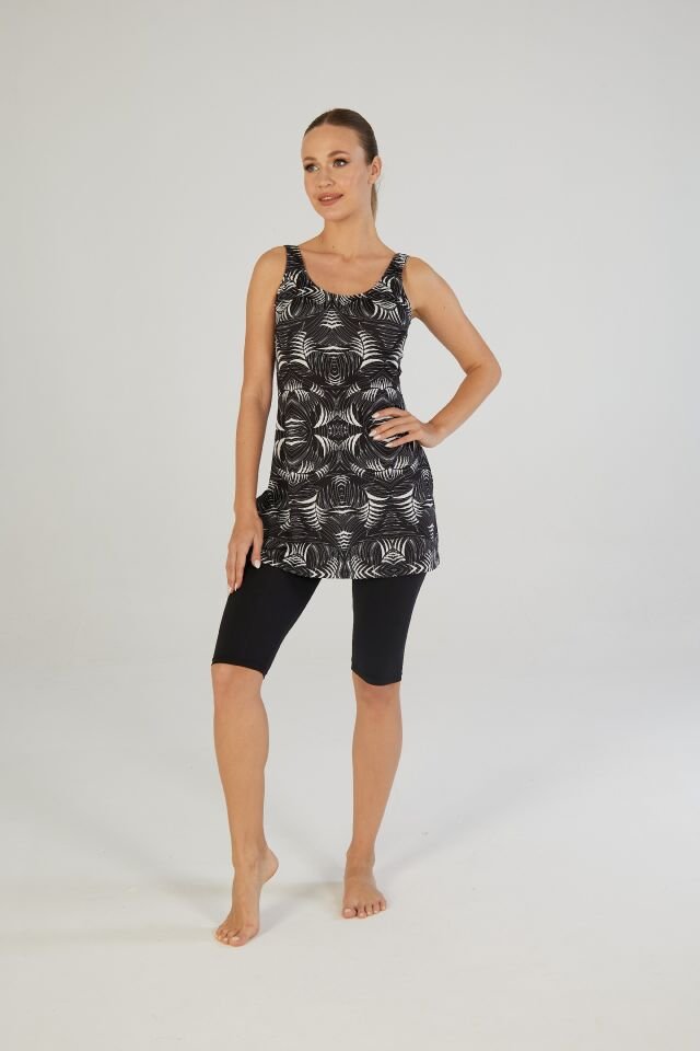 Estiva Kadın Askılı Taytlı Geometrik Desenli Renkli Elbise Mayo Siyah