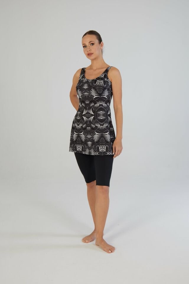 Estiva Kadın Askılı Taytlı Geometrik Desenli Renkli Elbise Mayo Siyah