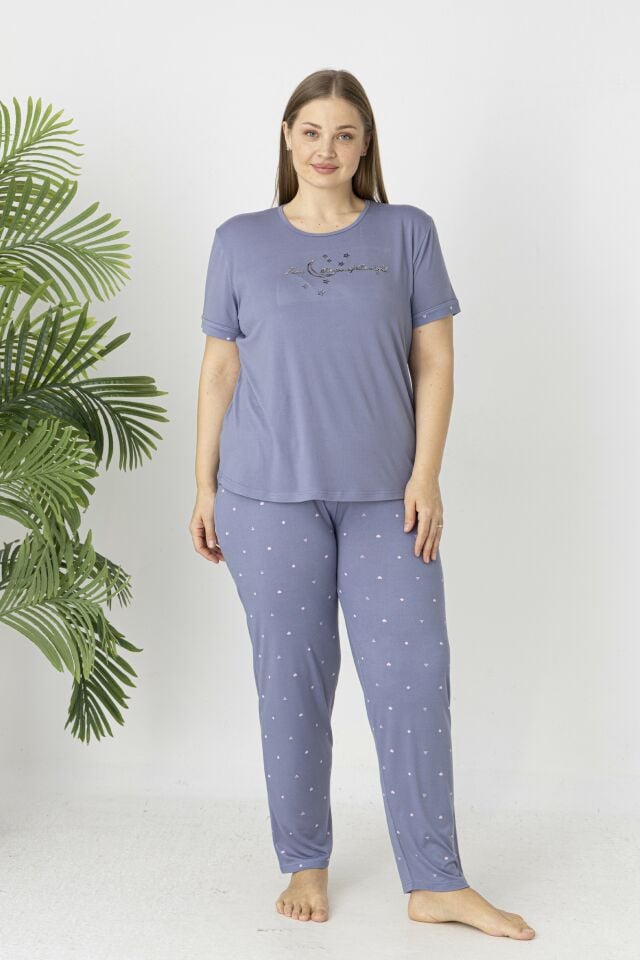 Estiva Kadın Puantiye Alt Desenli Kısa Kollu Soft Battal Pijama Takımı 3XL - Lila
