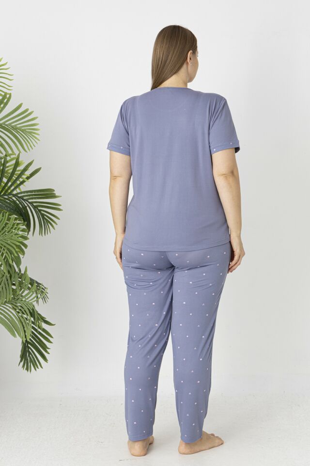 Estiva Kadın Puantiye Alt Desenli Kısa Kollu Soft Battal Pijama Takımı 3XL - Lila