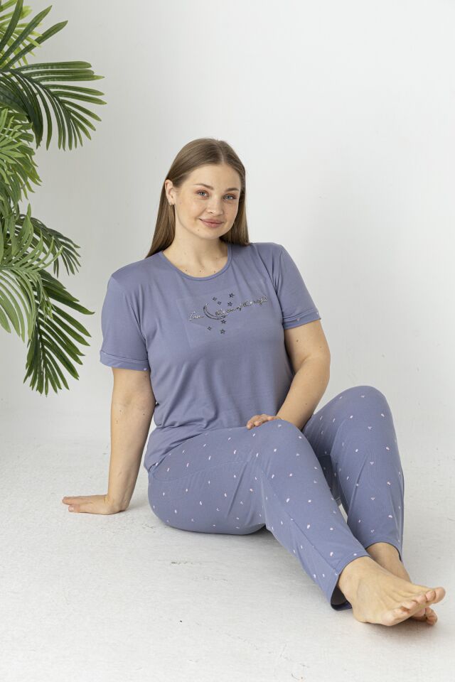 Estiva Kadın Puantiye Alt Desenli Kısa Kollu Soft Battal Pijama Takımı 3XL - Lila