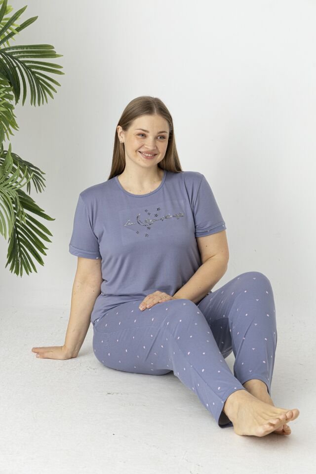 Estiva Kadın Puantiye Alt Desenli Kısa Kollu Soft Battal Pijama Takımı 3XL - Lila