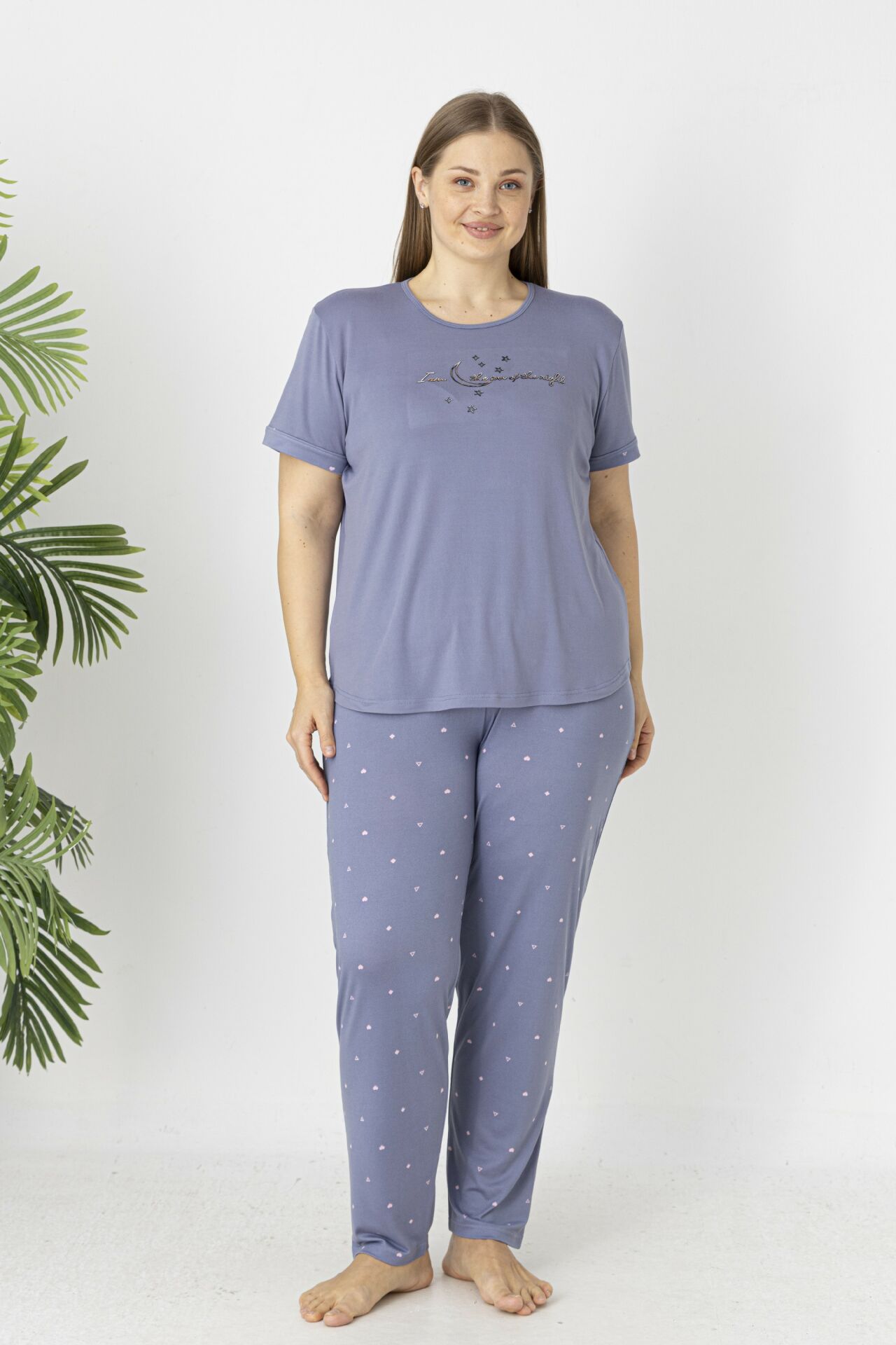 Estiva Kadın Puantiye Alt Desenli Kısa Kollu Soft Battal Pijama Takımı 5XL - Lila