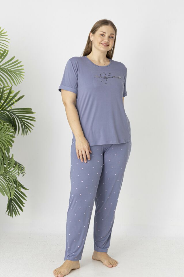 Estiva Kadın Puantiye Alt Desenli Kısa Kollu Soft Battal Pijama Takımı 5XL - Lila