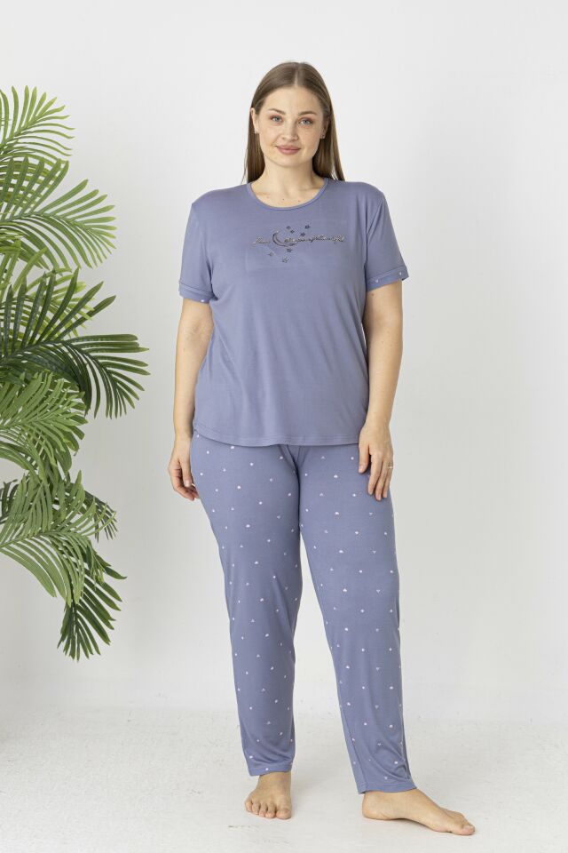 Estiva Kadın Puantiye Alt Desenli Kısa Kollu Soft Battal Pijama Takımı 5XL - Lila