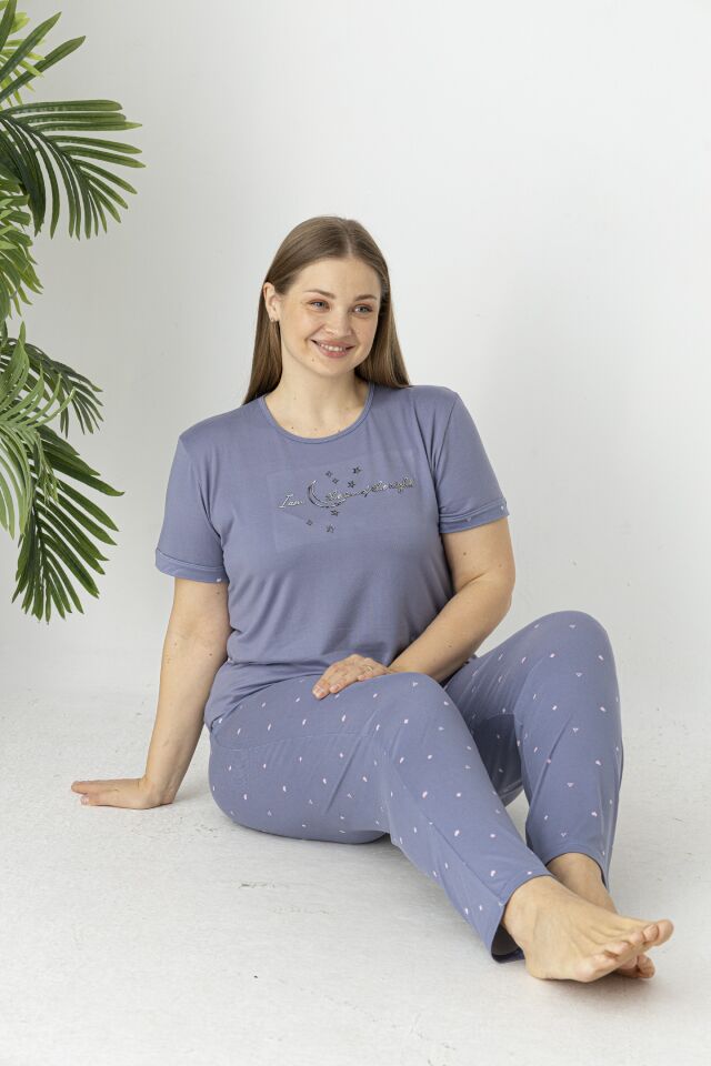 Estiva Kadın Puantiye Alt Desenli Kısa Kollu Soft Battal Pijama Takımı 5XL - Lila