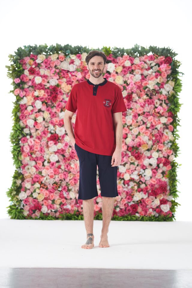 Erkek Yazlık Armalı Kısa Kollu Düğmeli Kaprili Penye Pijama Takımı