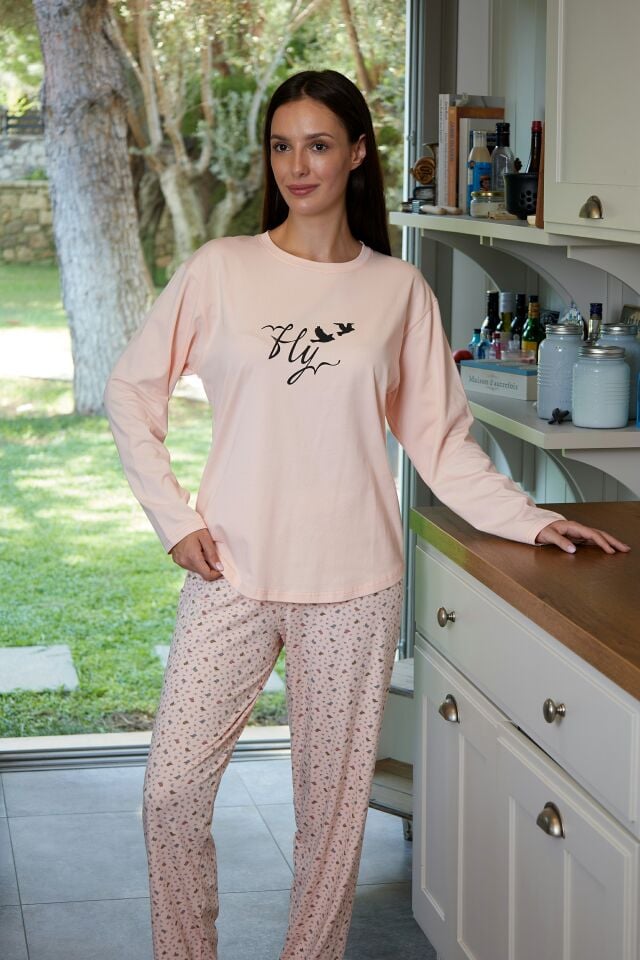 Estiva Kadın Kuş Desenli Somon Rengi Penye Lycra Pijama Takımı alternatif görsel