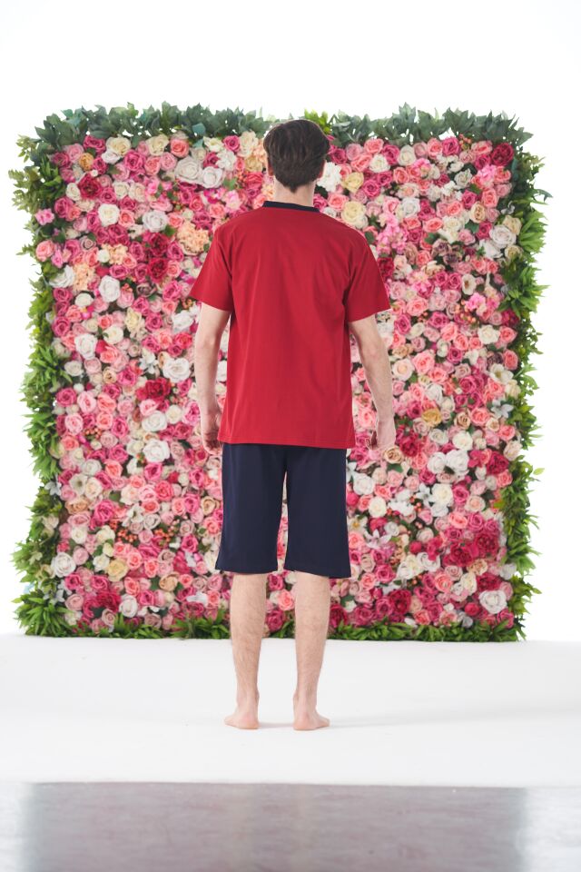 Erkek Yazlık Armalı Kısa Kollu Düğmeli Kaprili Penye Pijama Takımı M - Bordo