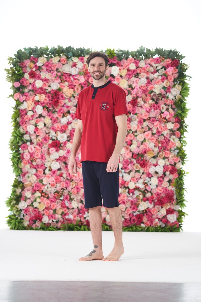 Erkek Yazlık Armalı Kısa Kollu Düğmeli Kaprili Penye Pijama Takımı M - Bordo