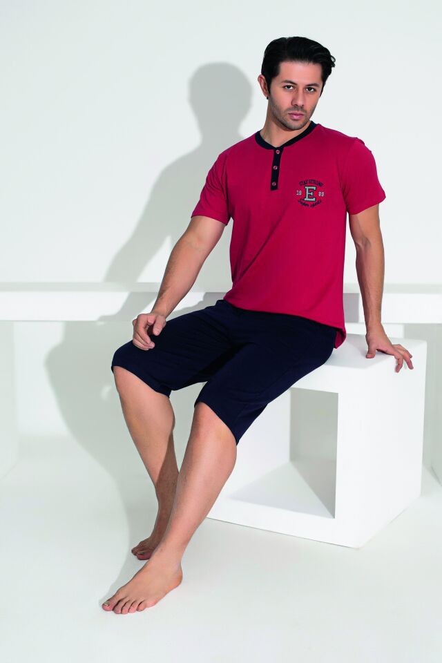 Erkek Yazlık Armalı Kısa Kollu Düğmeli Kaprili Penye Pijama Takımı M - Bordo