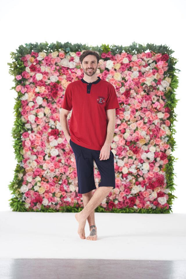 Erkek Yazlık Armalı Kısa Kollu Düğmeli Kaprili Penye Pijama Takımı L - Bordo