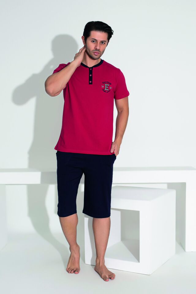 Erkek Yazlık Armalı Kısa Kollu Düğmeli Kaprili Penye Pijama Takımı XL - Bordo