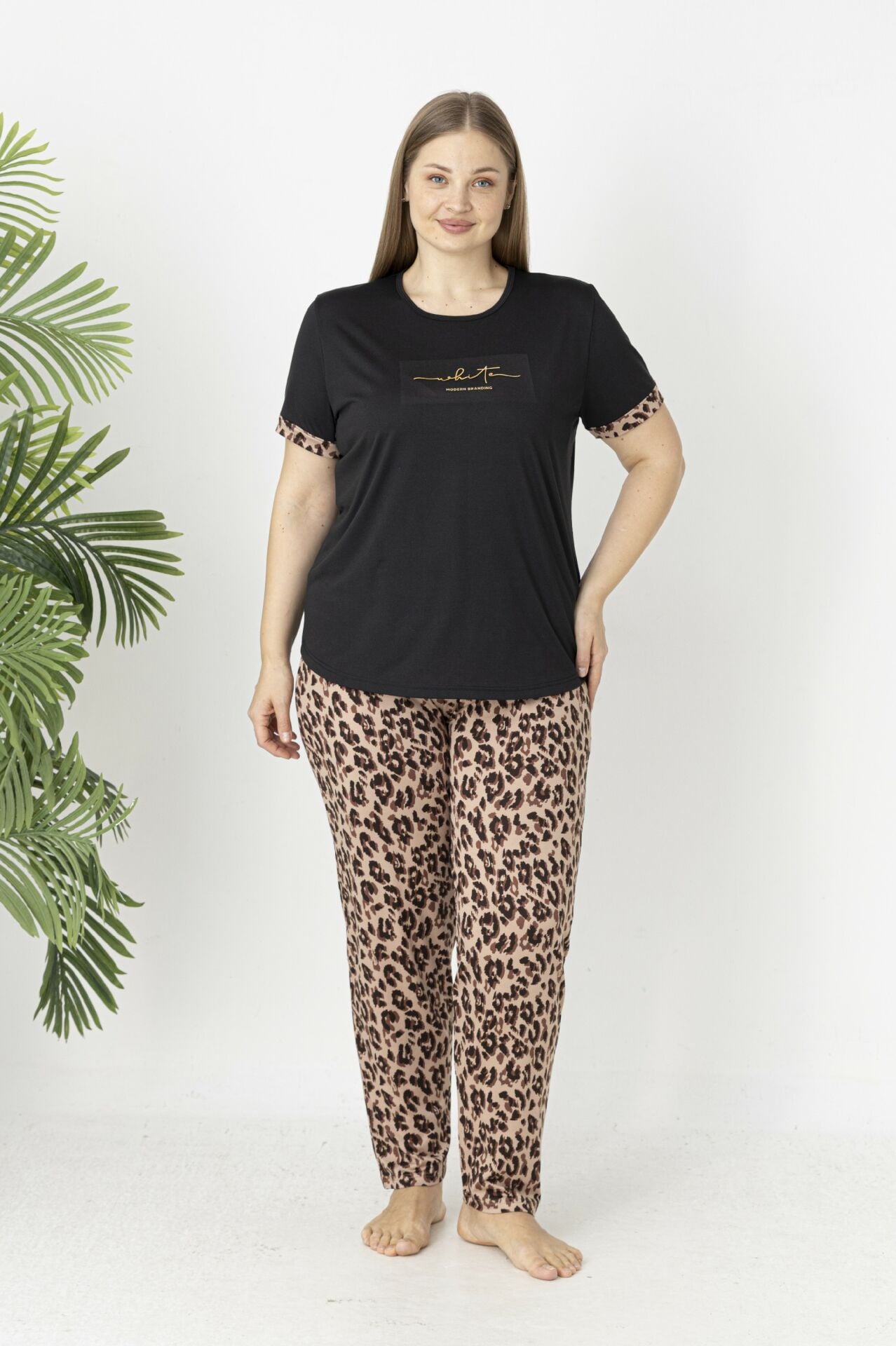 Estiva Kadın Kaplan Alt Desenli Kısa Kollu Soft Battal Pijama Takımı