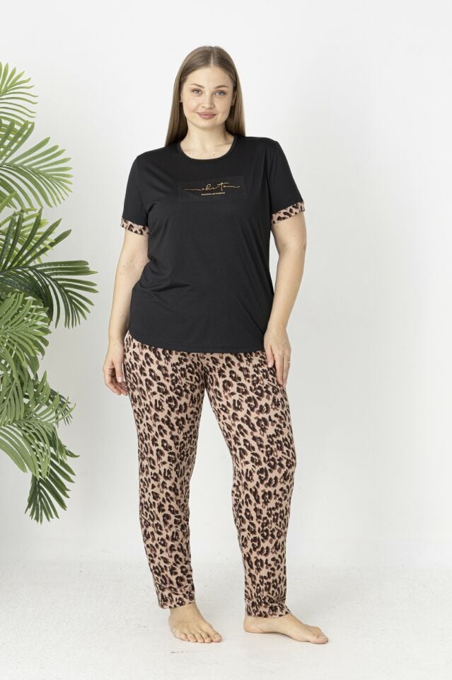 Estiva Kadın Kaplan Alt Desenli Kısa Kollu Soft Battal Pijama Takımı