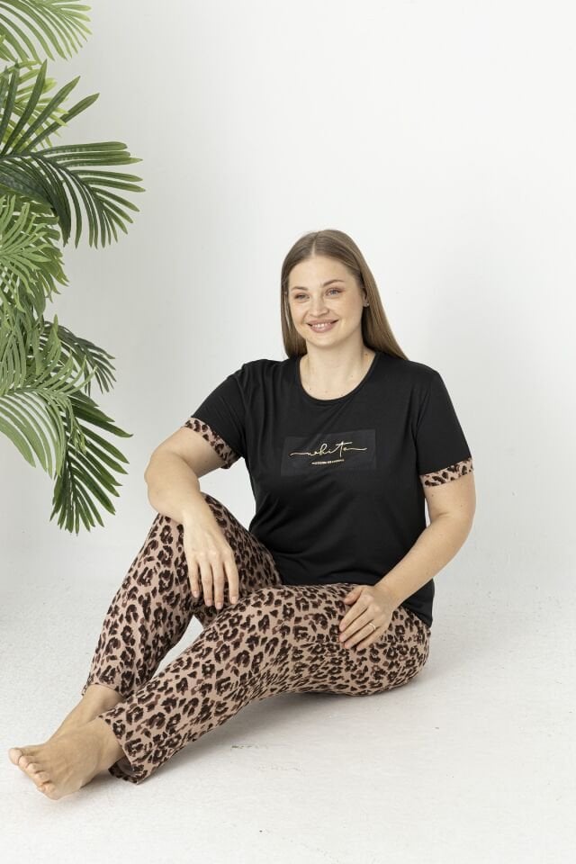 Estiva Kadın Kaplan Alt Desenli Kısa Kollu Soft Battal Pijama Takımı