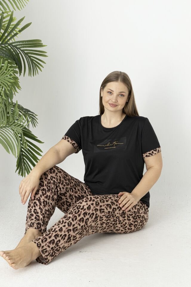 Estiva Kadın Kaplan Alt Desenli Kısa Kollu Soft Battal Pijama Takımı