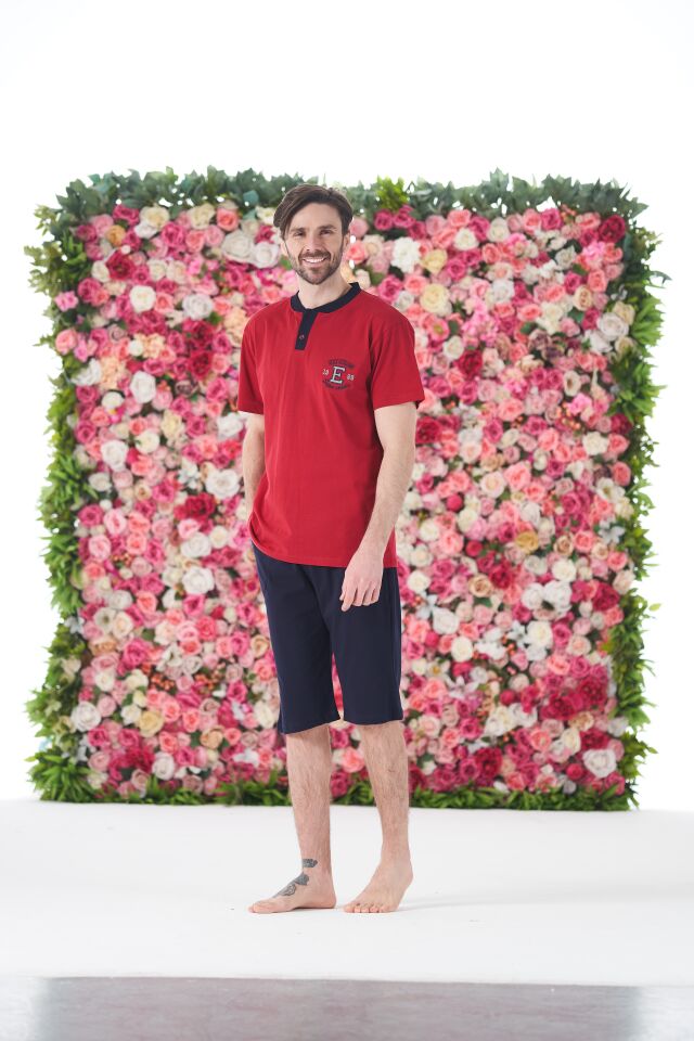 Erkek Yazlık Armalı Kısa Kollu Düğmeli Kaprili Penye Pijama Takımı 2XL - Bordo