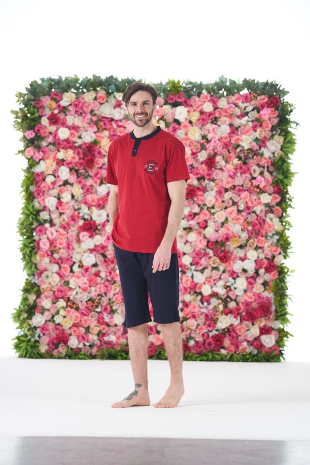 Erkek Yazlık Armalı Kısa Kollu Düğmeli Kaprili Penye Pijama Takımı 2XL - Bordo